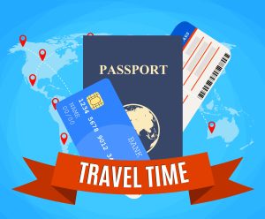 Travel and tourism concept. Air tickets, passports and credit cards and world map, tourism and planning, vector illustration. Travel Concept.