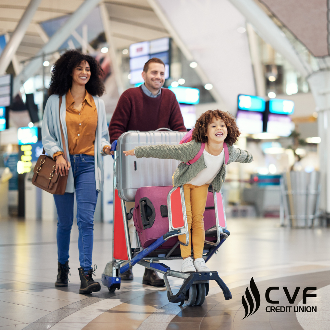 family in airport, luggage stroller, happy kid